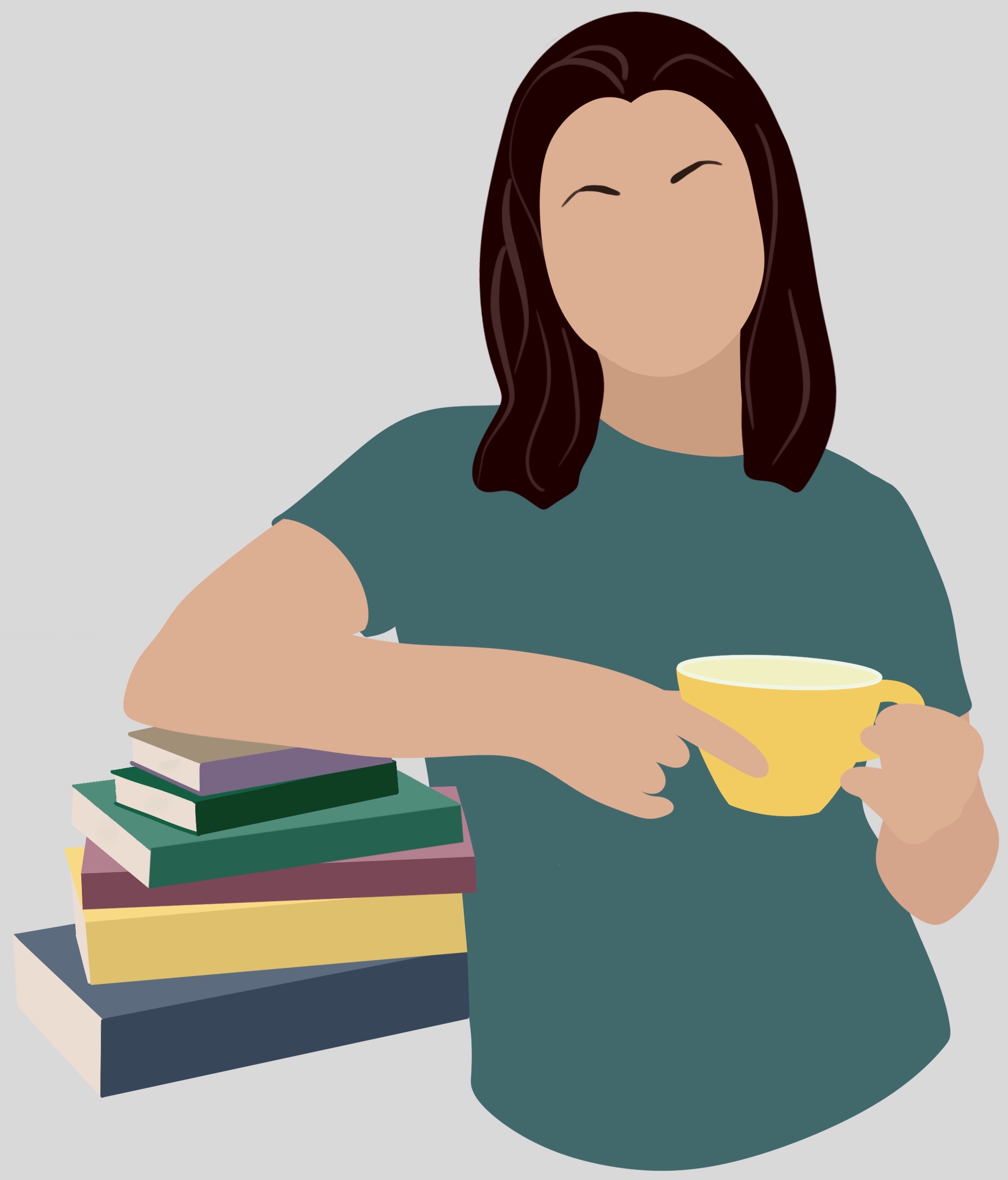 drawn girl leaning on stack of books with a cup of tea