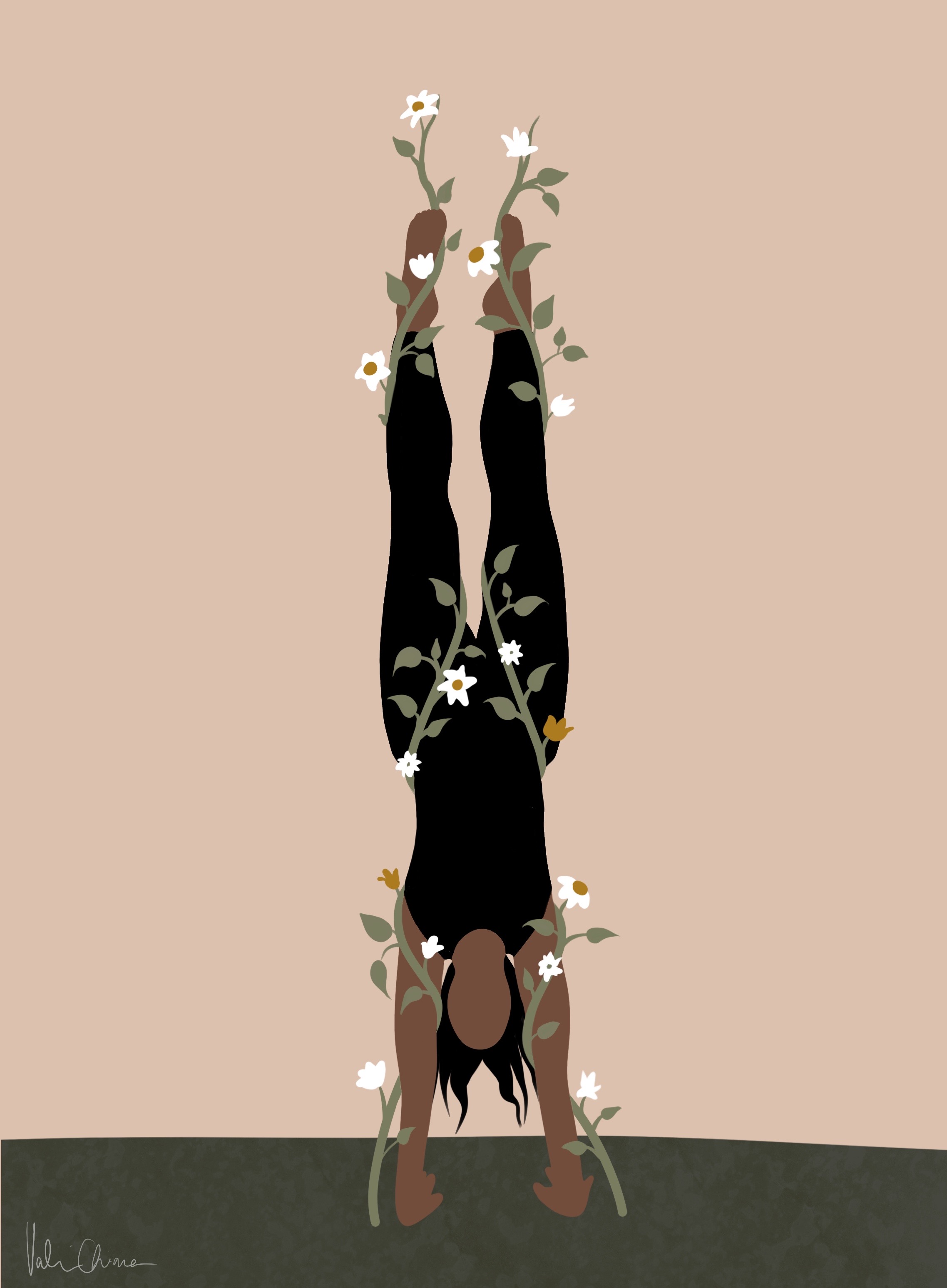 cartoon woman doing a handstand with vines wrapped around her