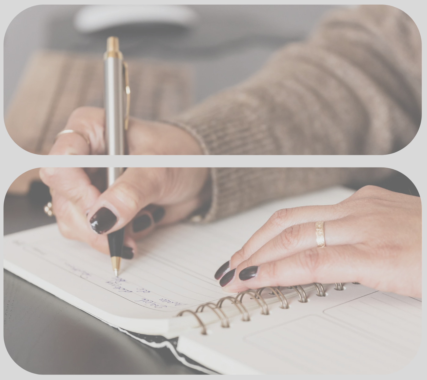close up of a hand writing in a notebook with a pen